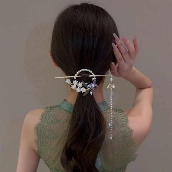 Pearl Pendent Floral Hair Tassel Bun Stick Juda Hair Bun Accessories for Women Girls