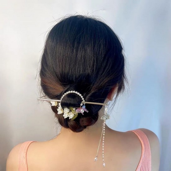 Pearl Pendent Floral Hair Tassel Bun Stick Juda Hair Bun Accessories for Women Girls