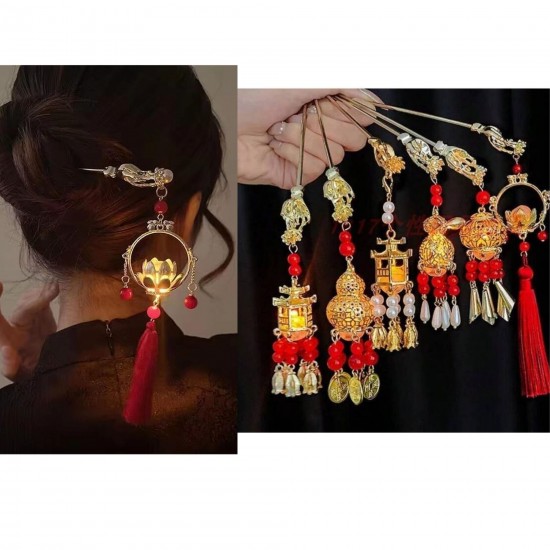 2pcs Chinese Hair Sticks, Lantern Light Tassel Hairpins Glowing in The Dark Hair Pin Retro Hair Accessory Hair Chostick