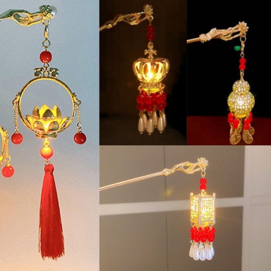 2pcs Chinese Hair Sticks, Lantern Light Tassel Hairpins Glowing in The Dark Hair Pin Retro Hair Accessory Hair Chostick