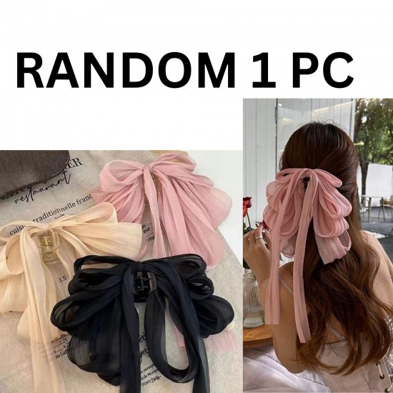 1-Pc RANDOM Colour Long Back Ribbon Bows Cute Hair Bow Clips Assorted Colours Wedding and Parties Pearls Decorative Ponytail Holder Hair Accessories for Women and Girls MAYIR CLIP/ JADAI CLIP/