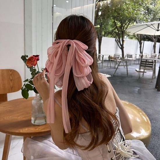 2-Pc RANDOM Colour Long Back Ribbon Bows Cute Hair Bow Clips Assorted Colours Wedding and Parties Pearls Decorative Ponytail Holder Hair Accessories for Women and Girls MAYIR CLIP/ JADAI CLIP/
