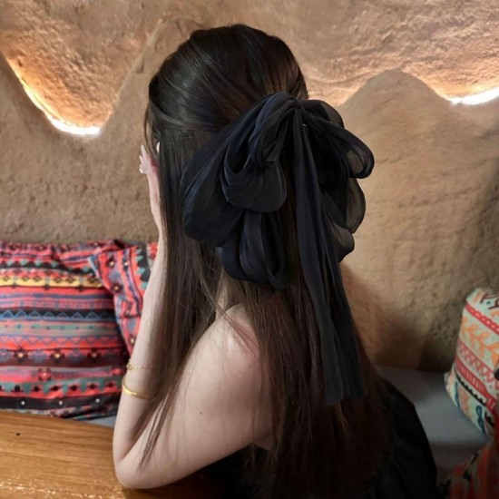 2-Pc RANDOM Colour Long Back Ribbon Bows Cute Hair Bow Clips Assorted Colours Wedding and Parties Pearls Decorative Ponytail Holder Hair Accessories for Women and Girls MAYIR CLIP/ JADAI CLIP/