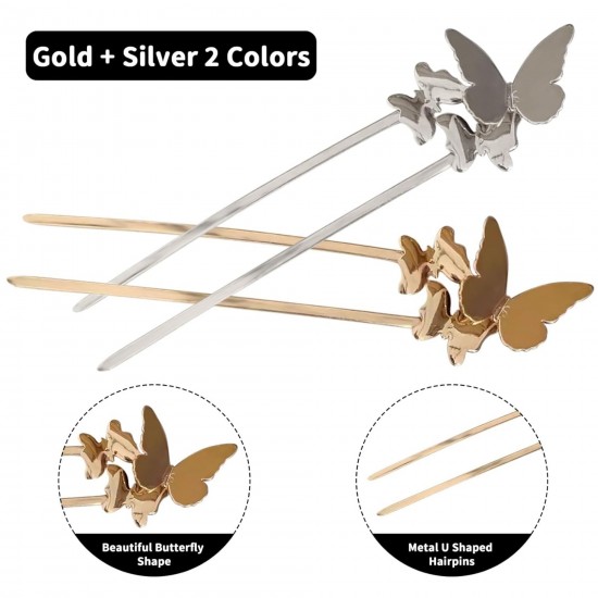 1-Metal U-Shaped Butterfly Tassel Hair Sticks | Retro Chinese Style Hairpins | Elegant Hair Accessories for Women and Girls | Metal Hair Chopsticks, Hair Forks,