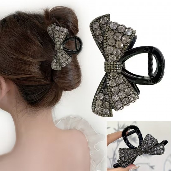 Elegant Crystle Rhinestone Bow Hair PVC Claw - Sparkling Vintage-Inspired Shark Clip Accessory for Stylish Updos, Black with Clear Gemstones, Perfect for Bridal or Formal Hairstyles, Elegant Hair Clip
