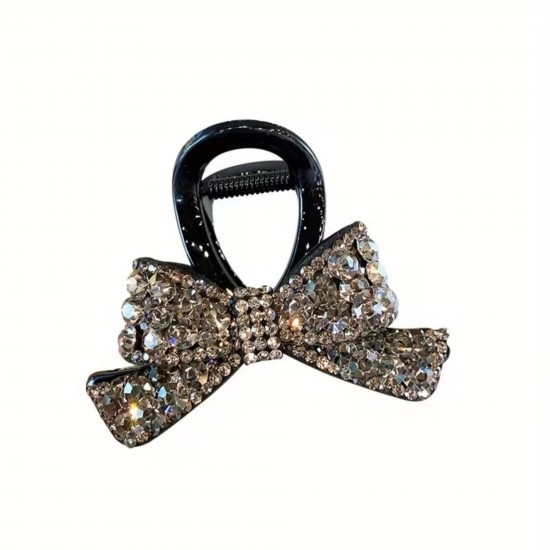 Elegant Crystle Rhinestone Bow Hair PVC Claw - Sparkling Vintage-Inspired Shark Clip Accessory for Stylish Updos, Black with Clear Gemstones, Perfect for Bridal or Formal Hairstyles, Elegant Hair Clip