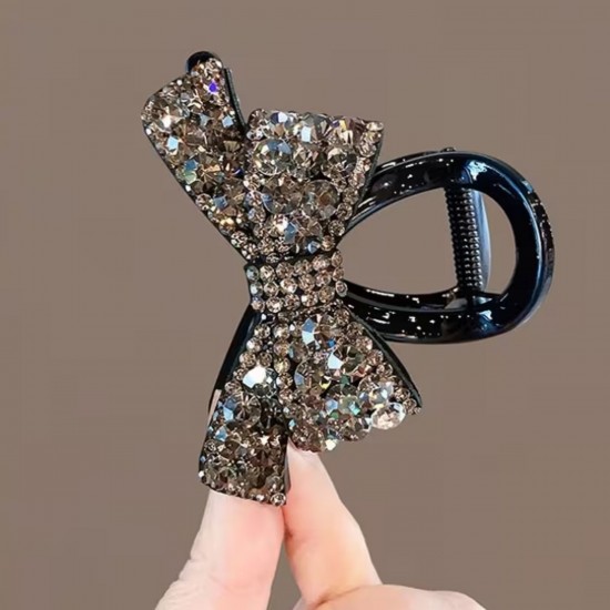Elegant Crystle Rhinestone Bow Hair PVC Claw - Sparkling Vintage-Inspired Shark Clip Accessory for Stylish Updos, Black with Clear Gemstones, Perfect for Bridal or Formal Hairstyles, Elegant Hair Clip