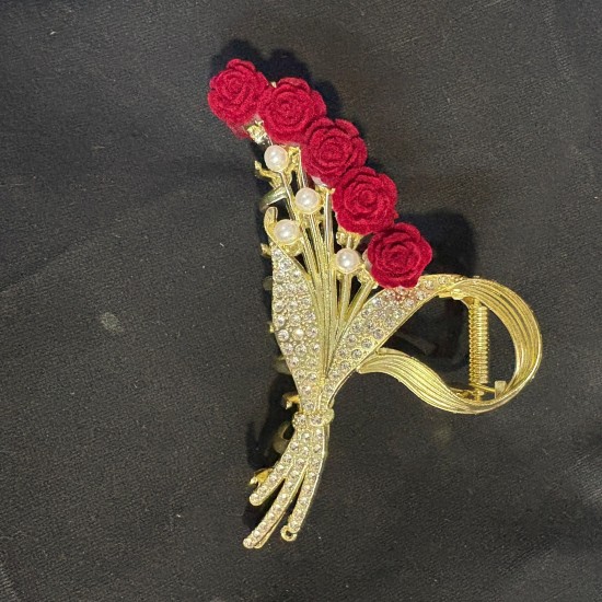 Beautiful Rhinostone Bouquet Metal Stone Pearl Elegant Flower Red Rose Design Hair Clutcher Hair Accessories For Women & Girls