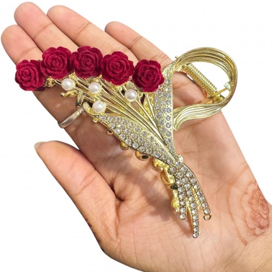 Beautiful Rhinostone Bouquet Metal Stone Pearl Elegant Flower Red Rose Design Hair Clutcher Hair Accessories For Women & Girls
