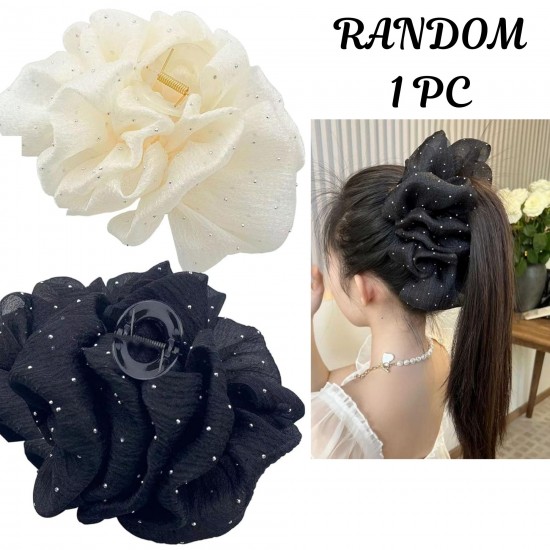 1-Pc RANDOM Elegant Ruffle Design Hair Clutcher – Durable and Comfortable Large Claw Clips For Thick Hair, Wide-open Nonslip Ponytail Holder Hair Accessories For Women Girls