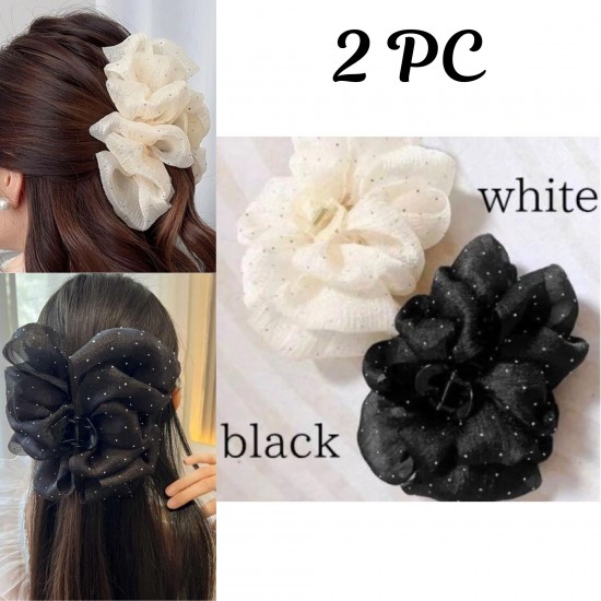 2-Pc WHITE & BLACK Elegant Ruffle Design Hair Clutcher – Durable and Comfortable Large Claw Clips For Thick Hair, Wide-open Nonslip Ponytail Holder Hair Accessories For Women Girls