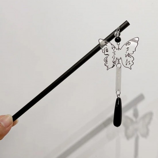 2-Pc Butterfly Tassel Hair Stick Retro Chinese Hair Chopsticks Chignon Hair Styling Making Accessories Black Colour | Bun | Juda Making | Daily Use for Women And Girls