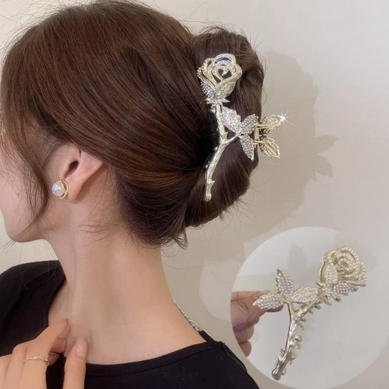 Rhinestones Design Gold Rose Flower Metal Hair Jaw Clamps with Large Hair Clips Styling Nonslip Hair Accessories Strong Hold Catch Clips For Women And Girl