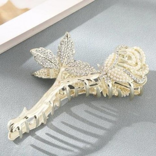 Rhinestones Design Gold Rose Flower Metal Hair Jaw Clamps with Large Hair Clips Styling Nonslip Hair Accessories Strong Hold Catch Clips For Women And Girl