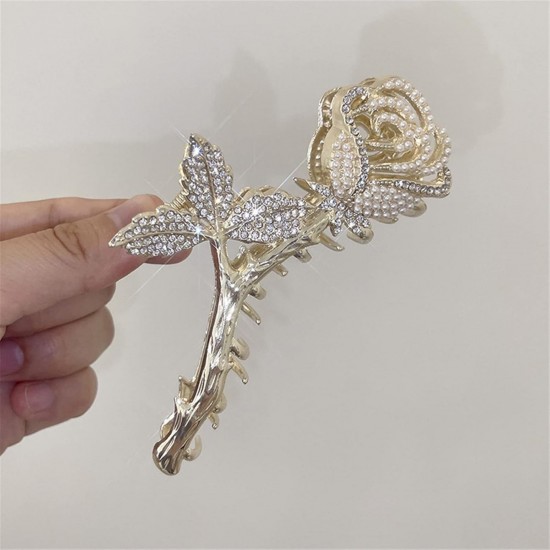 Rhinestones Design Gold Rose Flower Metal Hair Jaw Clamps with Large Hair Clips Styling Nonslip Hair Accessories Strong Hold Catch Clips For Women And Girl