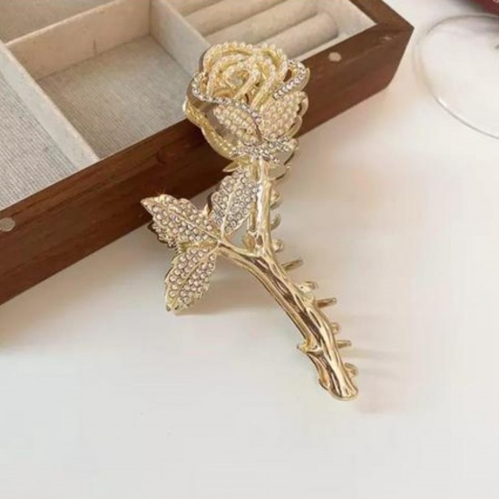 Rhinestones Design Gold Rose Flower Metal Hair Jaw Clamps with Large Hair Clips Styling Nonslip Hair Accessories Strong Hold Catch Clips For Women And Girl