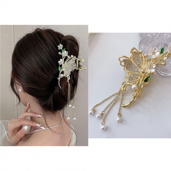 Rhinestones Designs Butterfly Flowers Hair Claw Clips Metal Hair Jaw Clamps Non-slips Catch Claw | Cluthchter with Pearls Tassel Hair Styling Hair Accessories for Women And Girls