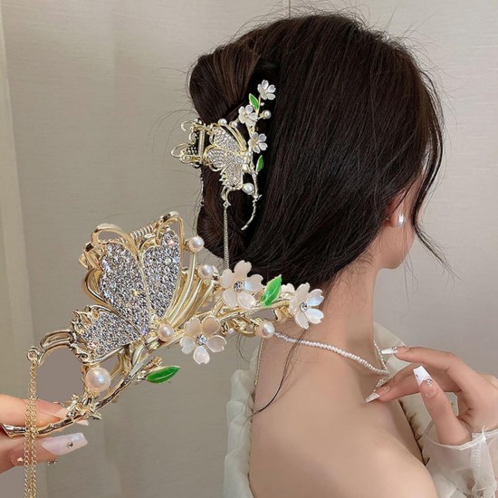 Rhinestones Designs Butterfly Flowers Hair Claw Clips Metal Hair Jaw Clamps Non-slips Catch Claw | Cluthchter with Pearls Tassel Hair Styling Hair Accessories for Women And Girls