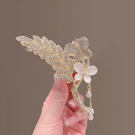Leaf Rhinestone Flower Butterfly Fringe Hair Clip Hair Accessories Grab Clip Back Head Diamond Metal Flower Wheat Tassels Large Size Grab Clip Curly HairShark Clip For Women And Girls