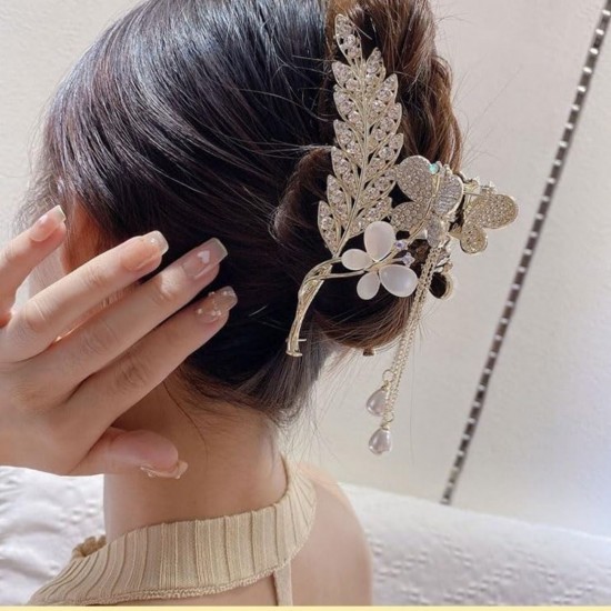 Leaf Rhinestone Flower Butterfly Fringe Hair Clip Hair Accessories Grab Clip Back Head Diamond Metal Flower Wheat Tassels Large Size Grab Clip Curly HairShark Clip For Women And Girls