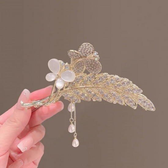 Leaf Rhinestone Flower Butterfly Fringe Hair Clip Hair Accessories Grab Clip Back Head Diamond Metal Flower Wheat Tassels Large Size Grab Clip Curly HairShark Clip For Women And Girls