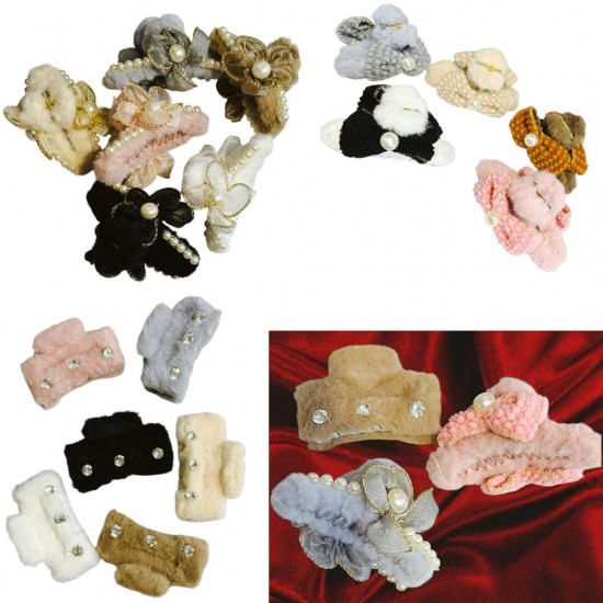 3 PC Random Color Fur Korean Multicolor Large Hair Claw Clips Cute Fluffy Plush Barrette Jaw Clamp Partywear Design for Women Girls