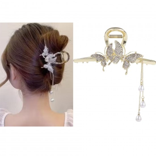 Large Clip Butterfly Hair Claw diamond Ponytailtail Pearl Hair Claw C Tassel Golden Hair Styling Jaw Clips, Bun Hair Accessories For Women And Girls