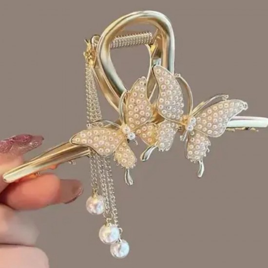 Large Clip Butterfly Hair Claw diamond Ponytailtail Pearl Hair Claw C Tassel Golden Hair Styling Jaw Clips, Bun Hair Accessories For Women And Girls