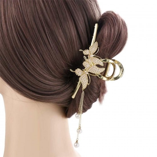 Large Clip Butterfly Hair Claw diamond Ponytailtail Pearl Hair Claw C Tassel Golden Hair Styling Jaw Clips, Bun Hair Accessories For Women And Girls