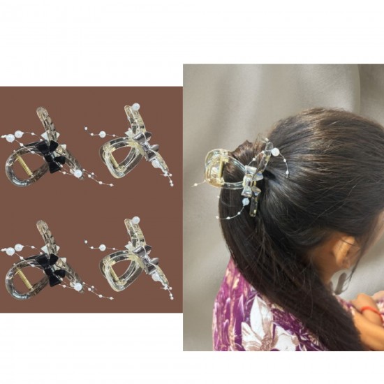 4-Pc RANDOM Colour Elegant Hair Claw Transparent Acrylic Pearl And Charming Bow Accessory For Hairstyles For Girls And Women