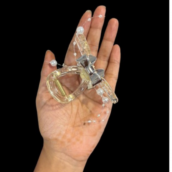 4-Pc RANDOM Colour Elegant Hair Claw Transparent Acrylic Pearl And Charming Bow Accessory For Hairstyles For Girls And Women