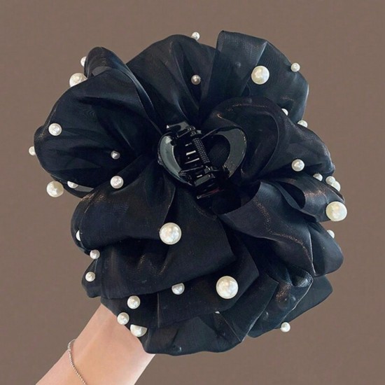 1-Pc RANDOM Colour Chiffon Silk Hair Claw Clips Large Pearl Bows Hair Clips Barrtette Hair Accessories Non-slip for Thin Thick Long Hair for Women And Girls