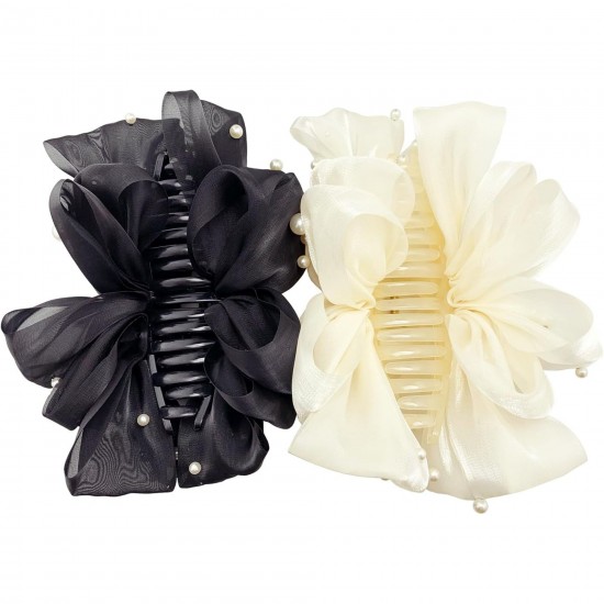 2-Pc RANDOM Colour Chiffon Silk Hair Claw Clips Large Pearl Bows Hair Clips Barrtette Hair Accessories Non-slip for Thin Thick Long Hair for Women And Girls