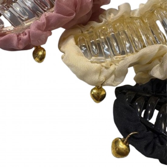 1-Pc RANDOM Colour Enchanted Hair Claw with Soft Ruffled Fabric and Golden Heart Charm Whimsical Blend Elegance Grace and Vintage for Effortless Glamour and Hair Styling For Women And Girls