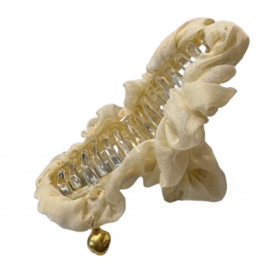 2-Pc RANDOM Colour Enchanted Hair Claw with Soft Ruffled Fabric and Golden Heart Charm Whimsical Blend Elegance Grace and Vintage for Effortless Glamour and Hair Styling For Women And Girls