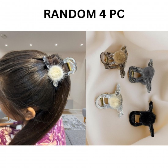 4-Pc RANDOM Colour Korean Hair Accessories Autumn And Winter Plush Hair Claw Simple Plush Grab Rhindiamonds Pearl Clip High Ponytai Trending Hair accessories Hair Clutcher for women and Girls