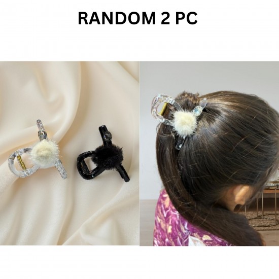 2-Pc RANDOM Colour Korean Hair Accessories Autumn And Winter Plush Hair Claw Simple Plush Grab Rhindiamonds Pearl Clip High Ponytai Trending Hair accessories Hair Clutcher for women and Girls
