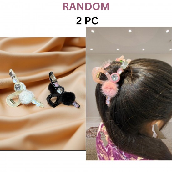 2-Pc RANDOM Colour Korean Hair Accessories Autumn And Winter Plush Hair Claw Simple Plush Grab Rhindiamonds Pearl Clip High Ponytai Trending Hair accessories Hair Clutcher for women and Girls
