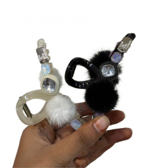 2-Pc RANDOM Colour Korean Hair Accessories Autumn And Winter Plush Hair Claw Simple Plush Grab Rhindiamonds Pearl Clip High Ponytai Trending Hair accessories Hair Clutcher for women and Girls