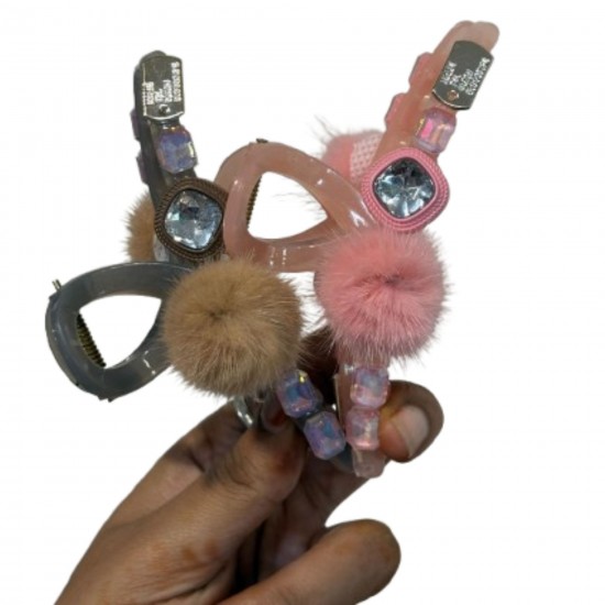 2-Pc RANDOM Colour Korean Hair Accessories Autumn And Winter Plush Hair Claw Simple Plush Grab Rhindiamonds Pearl Clip High Ponytai Trending Hair accessories Hair Clutcher for women and Girls