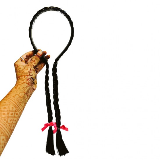 2-Pc Headband Synthetic Choti Hair Braided Hair Band Plastic Long Pigtail Plait Braid Headband Wig, Artificial Hair Choti Headband, Fancy Dress for Girls Kids Birthday Party