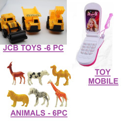 Combo of 3 | JCB Truck Machine (Set of 6) + Animal (Set of 6) Action Figure Toy + Musical Sound Mobile Phone Toy | Speech and Therapy Activity for Kids