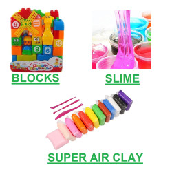 Combo Of 3 | Crystal Slime + Good Quality Building Blocks Set of 35 Pieces + Super Air 12 Clay for Kids | Sensory Therapy Activity Kit