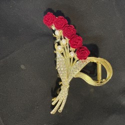 Beautiful Rhinostone Bouquet Metal Stone Pearl Elegant Flower Red Rose Design Hair Clutcher Hair Accessories For Women & Girls