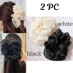 2-Pc WHITE & BLACK Elegant Ruffle Design Hair Clutcher – Durable and Comfortable Large Claw Clips For Thick Hair, Wide-open Nonslip Ponytail Holder Hair Accessories For Women Girls
