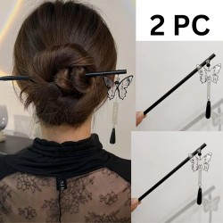 2-Pc Butterfly Tassel Hair Stick Retro Chinese Hair Chopsticks Chignon Hair Styling Making Accessories Black Colour | Bun | Juda Making | Daily Use for Women And Girls