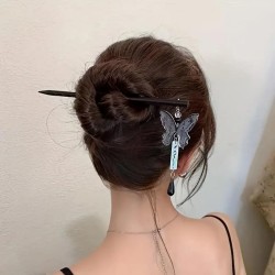 2-Pc Butterfly Tassel Hair Stick Retro Chinese Hair Chopsticks Chignon Hair Styling Making Accessories Black Colour | Bun | Juda Making | Daily Use for Women And Girls
