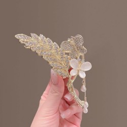 Leaf Rhinestone Flower Butterfly Fringe Hair Clip Hair Accessories Grab Clip Back Head Diamond Metal Flower Wheat Tassels Large Size Grab Clip Curly HairShark Clip For Women And Girls