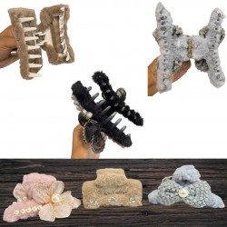 3 PC Random Color Fur Korean Multicolor Large Hair Claw Clips Cute Fluffy Plush Barrette Jaw Clamp Partywear Design for Women Girls