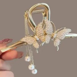 Large Clip Butterfly Hair Claw diamond Ponytailtail Pearl Hair Claw C Tassel Golden Hair Styling Jaw Clips, Bun Hair Accessories For Women And Girls